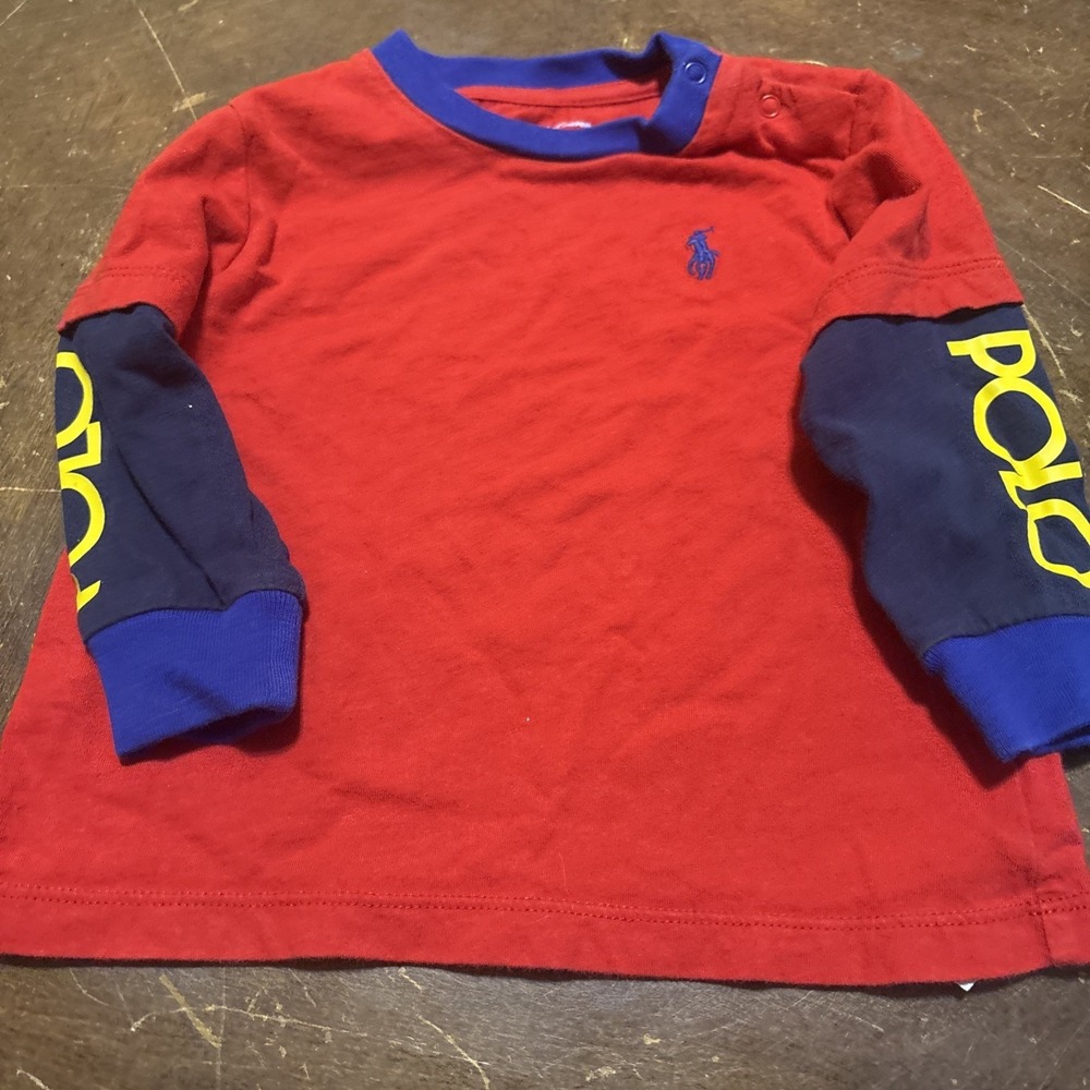 Ralph Lauren Polo Boy's Long Sleeve Shirt 9 Month Red, Navy Yellow Polo Sleeve